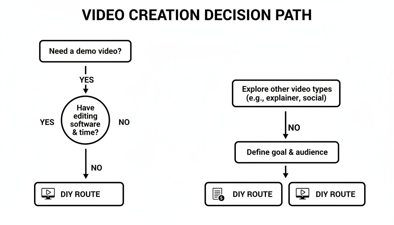 Flowchart showing video creation decision paths for demo videos and other video types, leading to a DIY route.