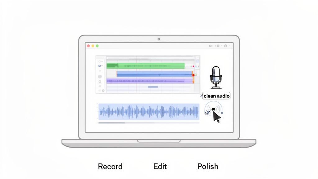 A laptop shows audio editing software, with waveforms, a microphone, and a 'clean audio' button highlighted, demonstrating 'Record, Edit, Polish' steps.