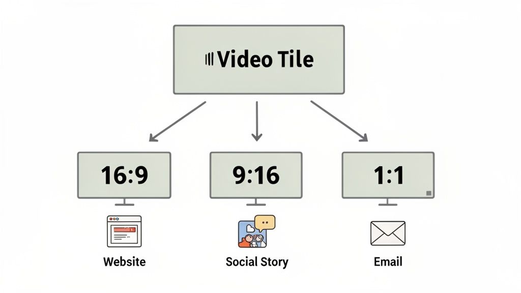 Diagram showing a video tile adapted to 16:9, 9:16, and 1:1 aspect ratios for various platforms.
