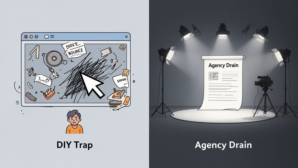 Illustration contrasting the frustrations of a DIY digital trap with the professional setup of 'Agency Drain'.