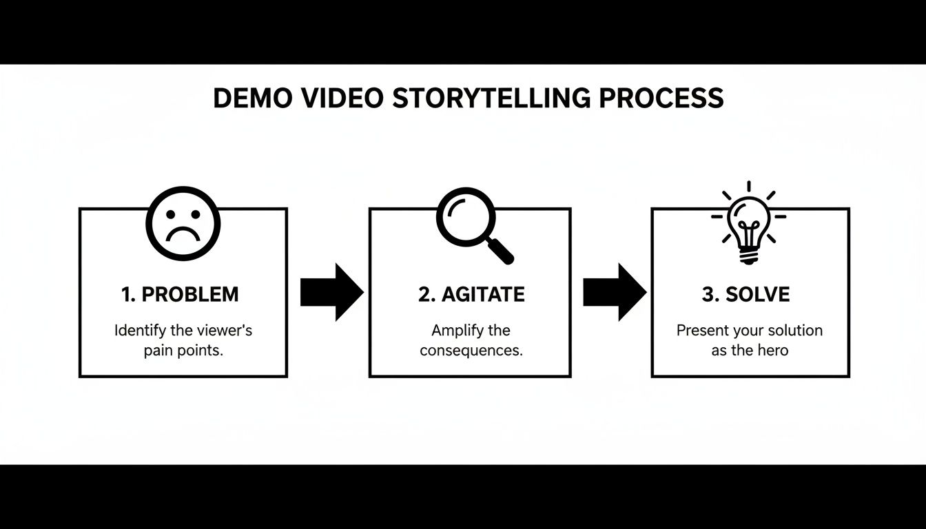 A diagram illustrating the three-step demo video storytelling process: Problem, Agitate, and Solve.