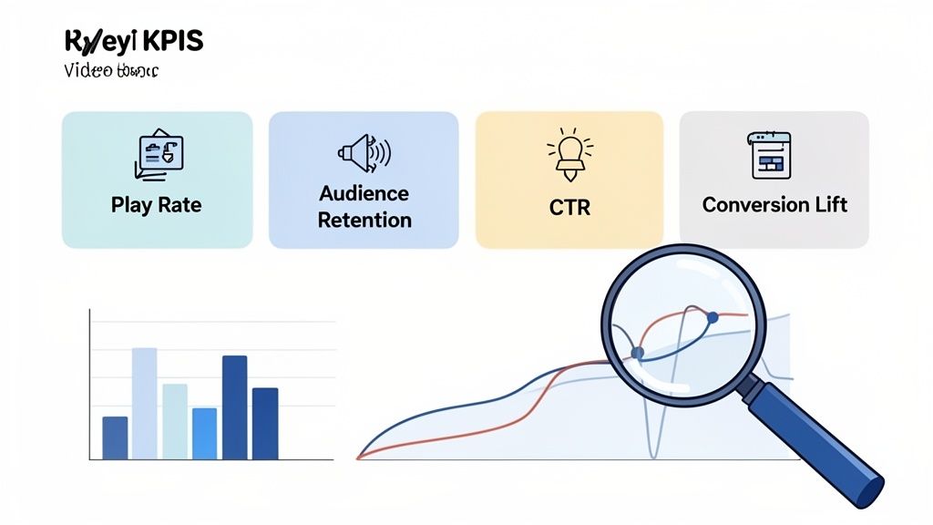 Infographic illustrating video performance KPIs (Play Rate, Audience Retention, CTR, Conversion Lift) with bar and line charts.