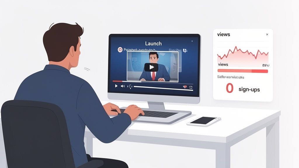 A person watches a launch video on a computer, showing declining views and zero sign-ups on a dashboard.