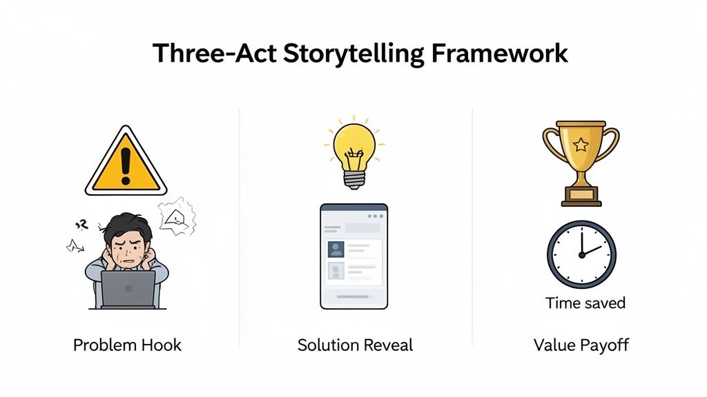 Three-Act Storytelling Framework illustrating problem hook, solution, and value payoff like time saved.