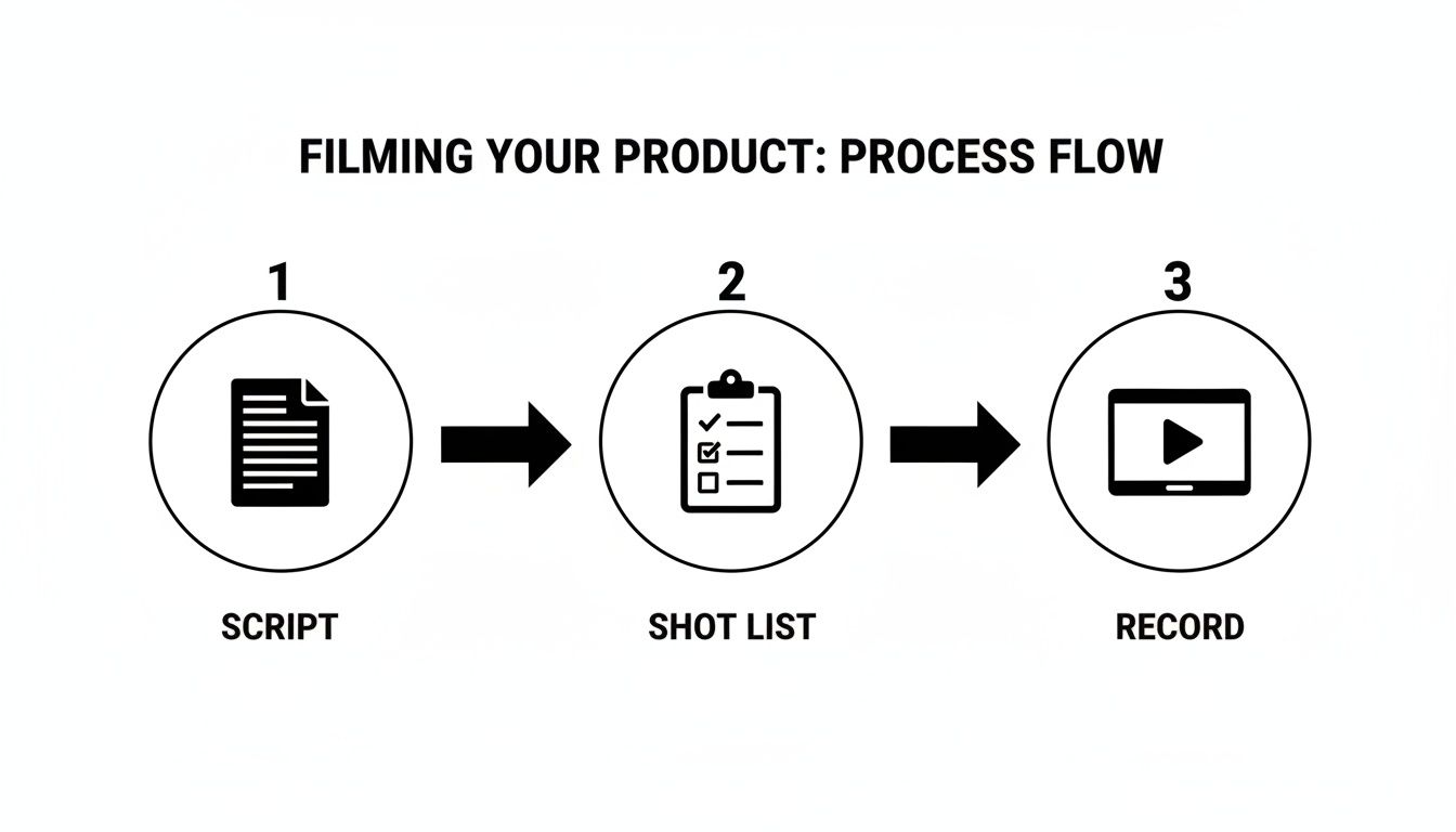 A process flow diagram for filming a product, showing steps: script, shot list, and record.