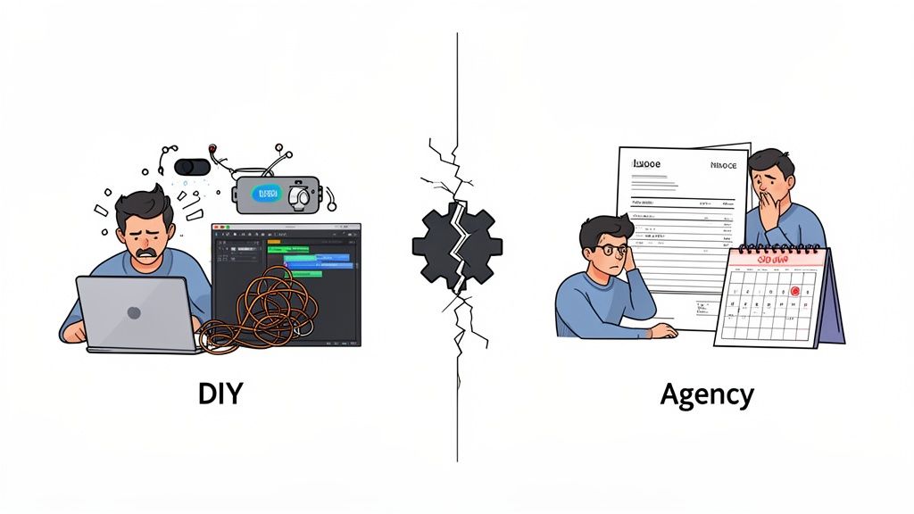 An image contrasting the stress of DIY video production with agency costs and deadlines.