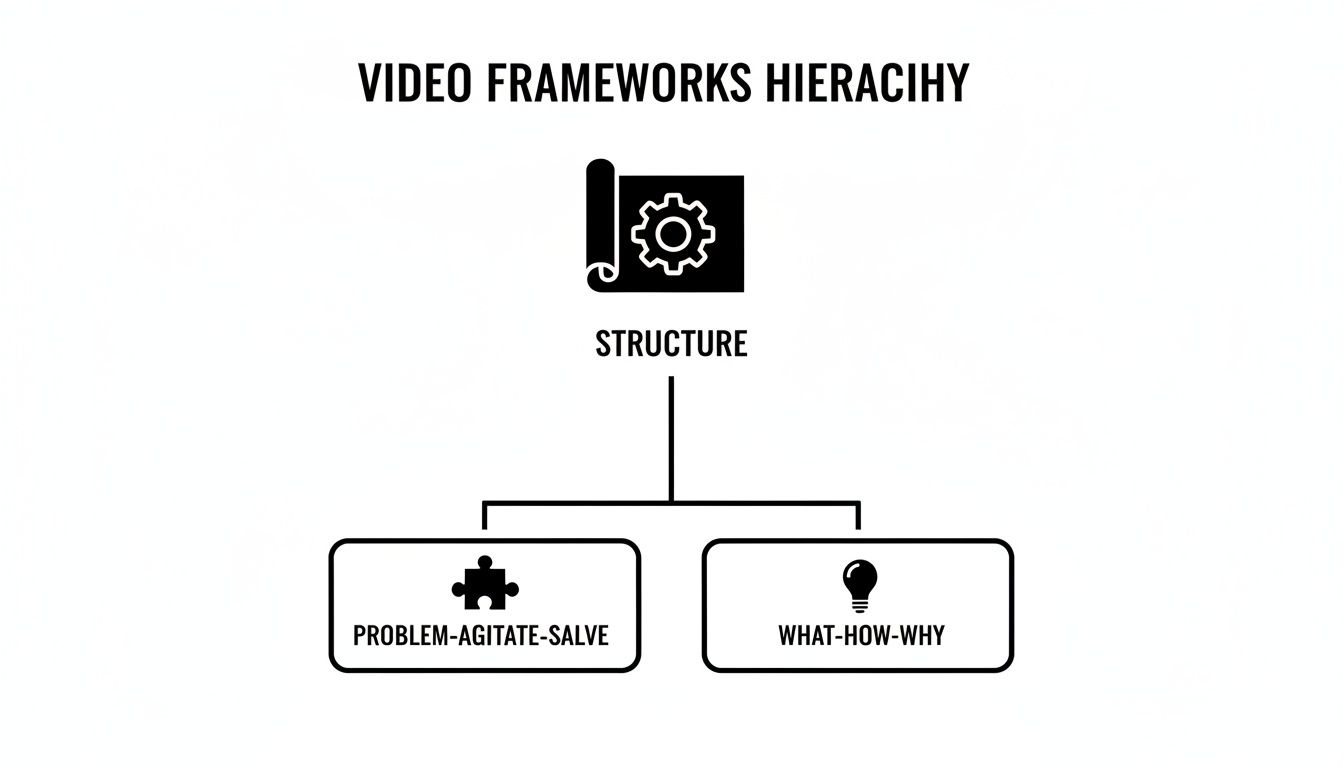 A hierarchy diagram illustrating video frameworks, showing structure leading to problem-agitate-salve and what-how-why.