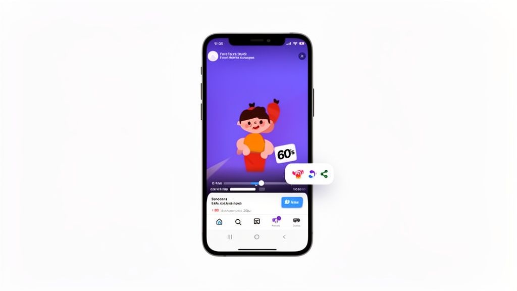A smartphone displays a colorful animated video with a character and share options on a white background.