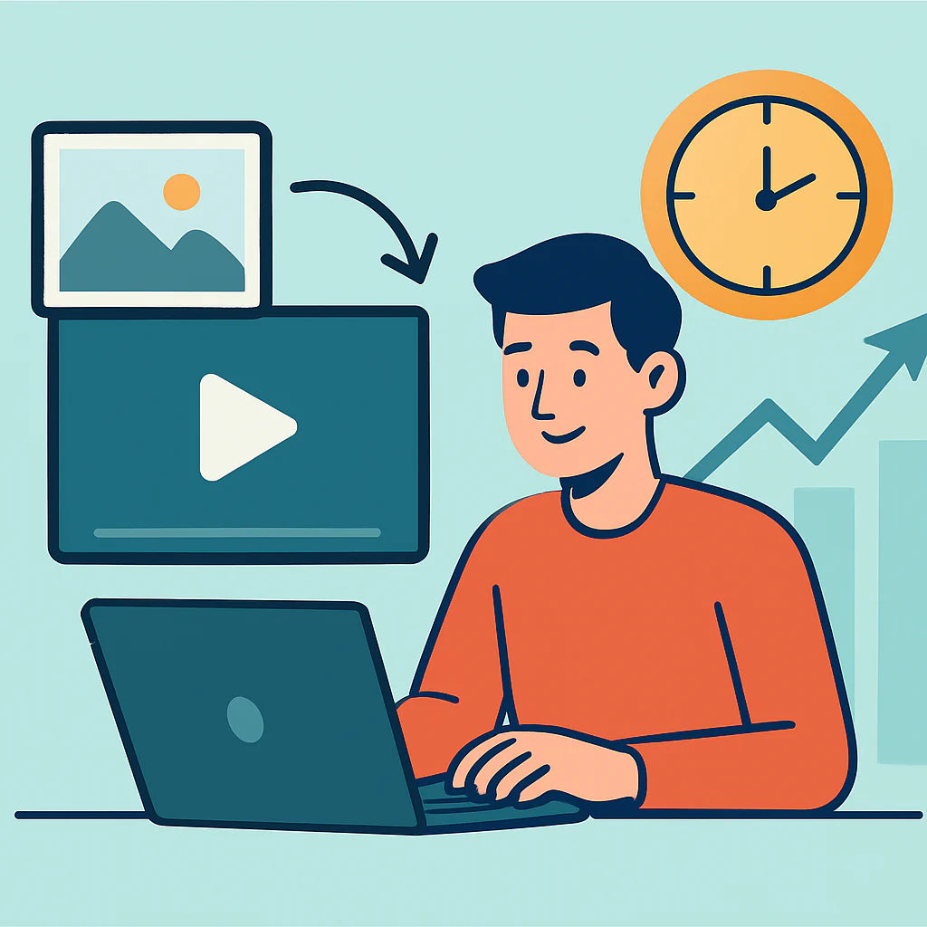 An illustration of a SaaS founder at a laptop, swapping a screenshot layer into a video template, with a clock showing minutes passing and a rising conversion graph in the background. Alt: SaaS founders benefit from fast, reusable video production workflow.