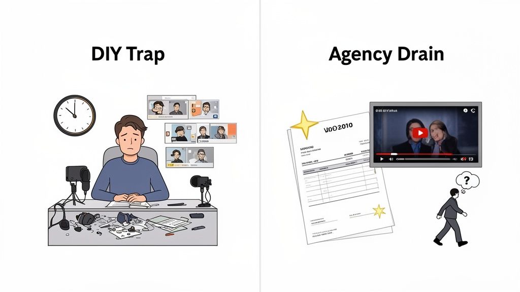 An illustration comparing the DIY trap of video production with the potential drain of using an agency.