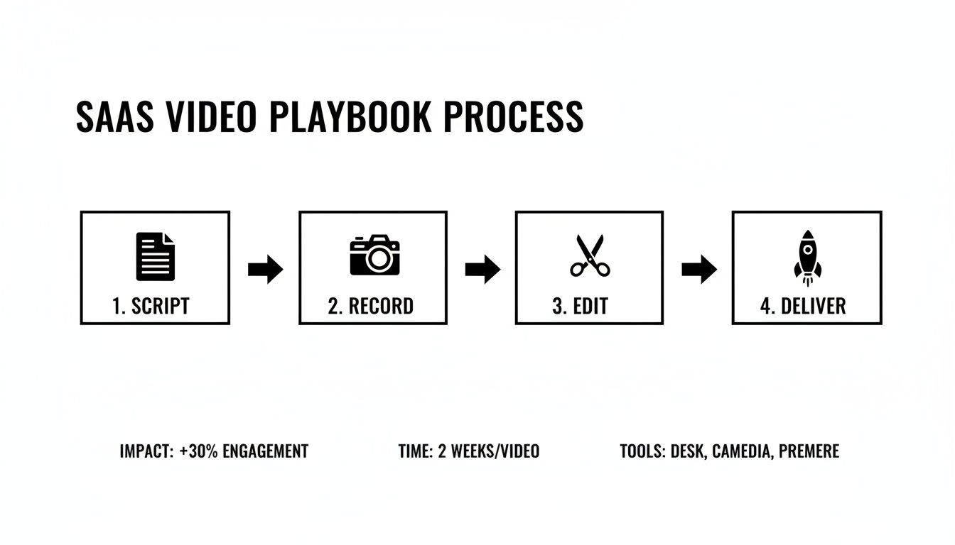 A diagram outlining the SAAS Video Playbook Process with steps: Script, Record, Edit, and Deliver, showing impact, time, and tools.