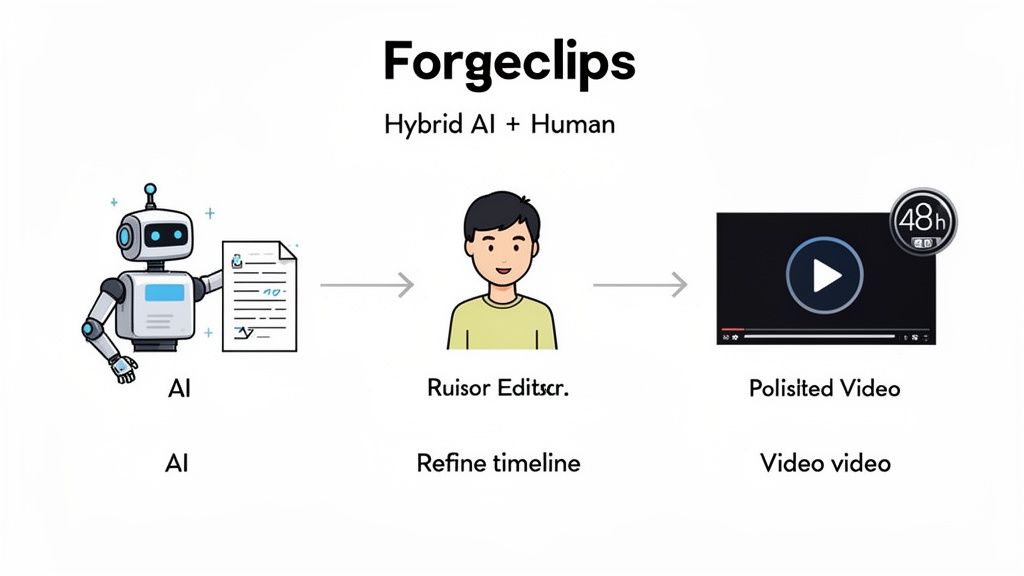 Workflow diagram for Forgeclips, illustrating AI script generation, human timeline refinement, and final video delivery.