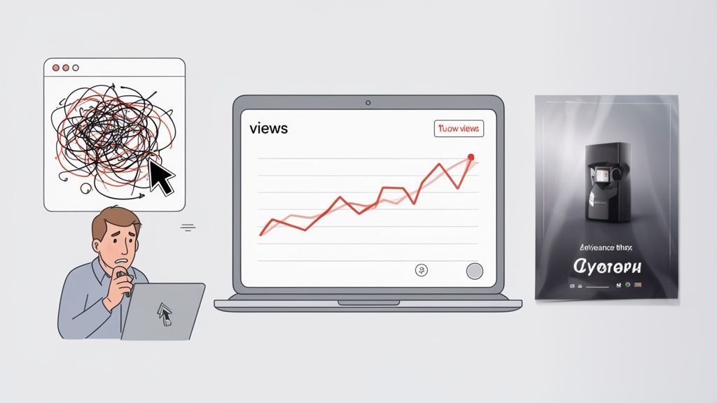 A frustrated man looking at a chaotic screen, solved by a laptop showing rising views and a new device.