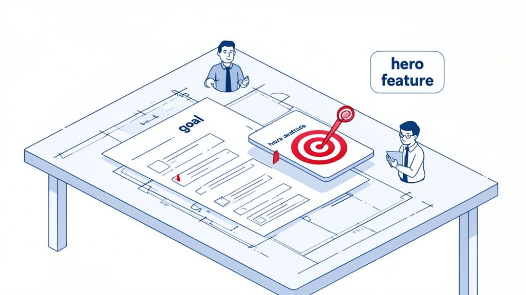 Two cartoon men on a table with documents, discussing project goals and a 'hero feature' with a target.
