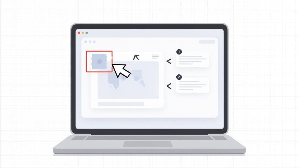 A laptop screen displays a software demo, with a cursor highlighting a UI element for interaction.