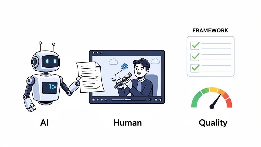 An AI robot and a human in a video demonstrate a process with a framework and quality review.
