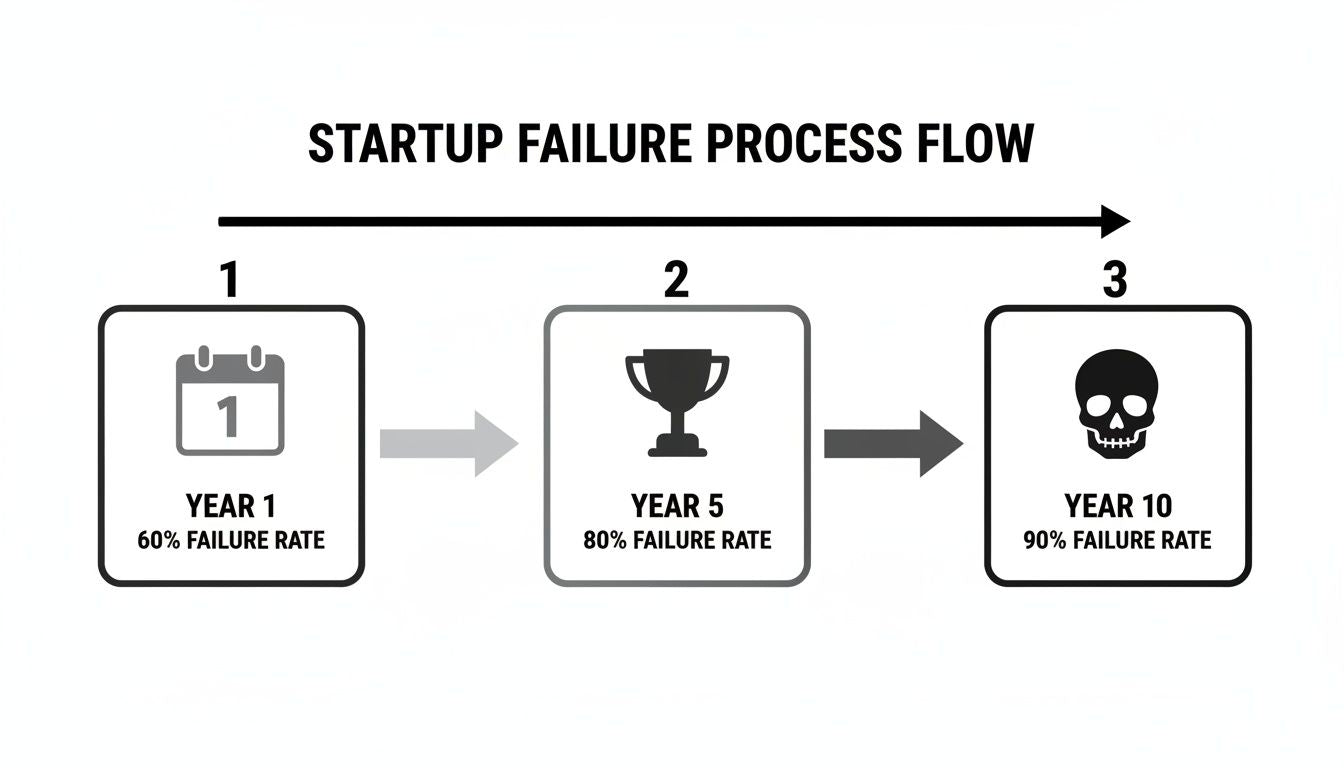 Flowchart illustrating startup failure process over 1, 5, and 10 years with increasing failure rates.