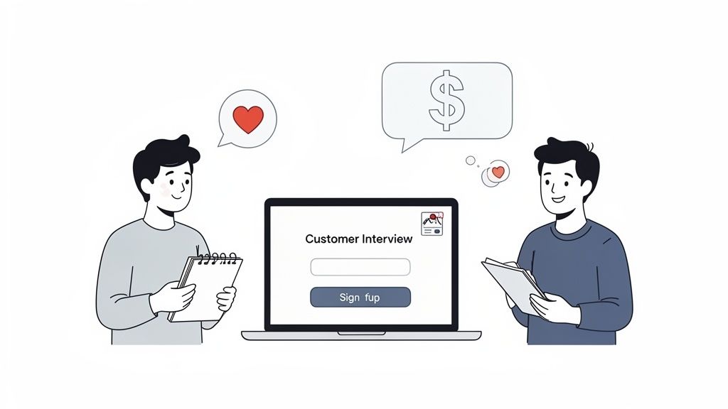 Illustration of two men conducting customer interviews for a startup, gathering feedback on a laptop.