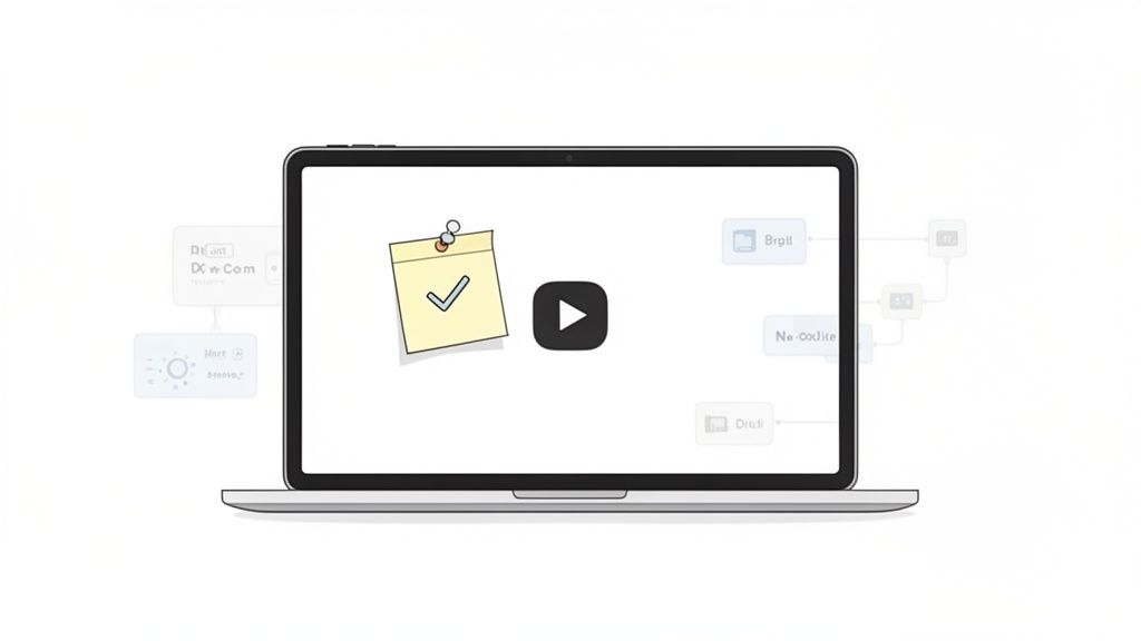 A laptop screen displaying a sticky note with a checkmark, a video player, and faint workflow diagrams.