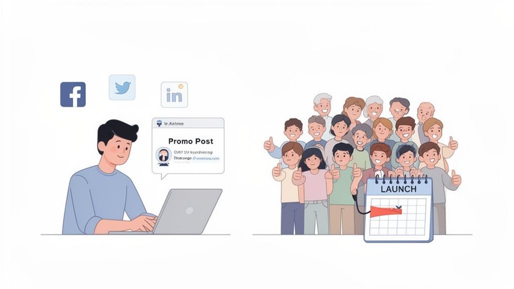 A man creates a promo post on his laptop for social media, while a crowd of people eagerly awaits a product launch.