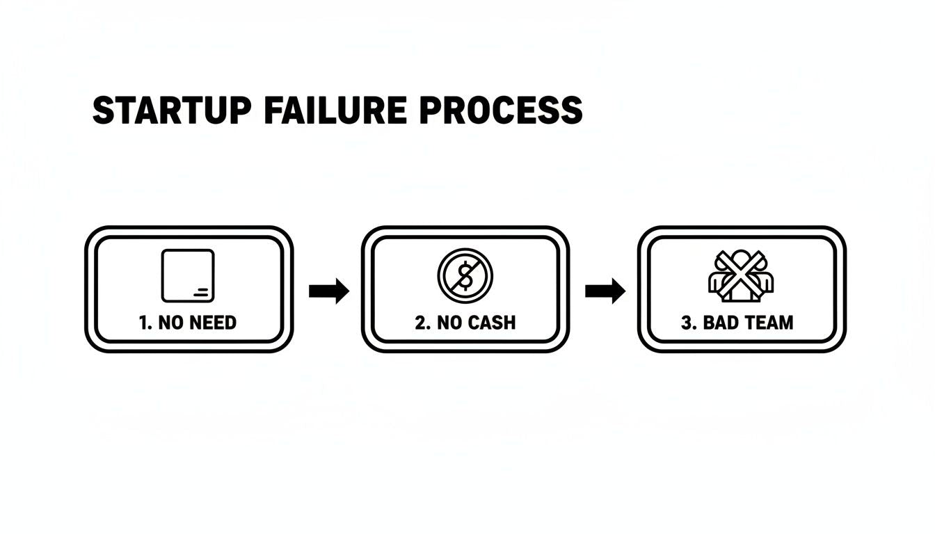 Illustrates the three common reasons for startup failure: no market need, no cash, and a bad team.
