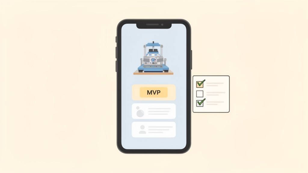 A smartphone displays an app with a machine, an MVP button, user profiles, and a nearby checklist.