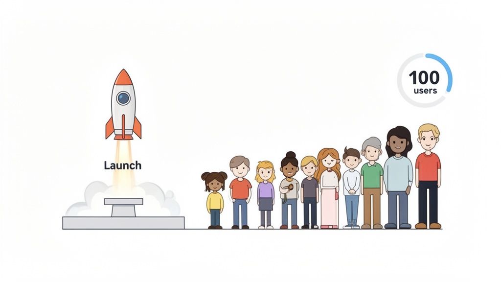Cartoon of a rocket launch and a line of 10 diverse users, with a '100 users' metric.
