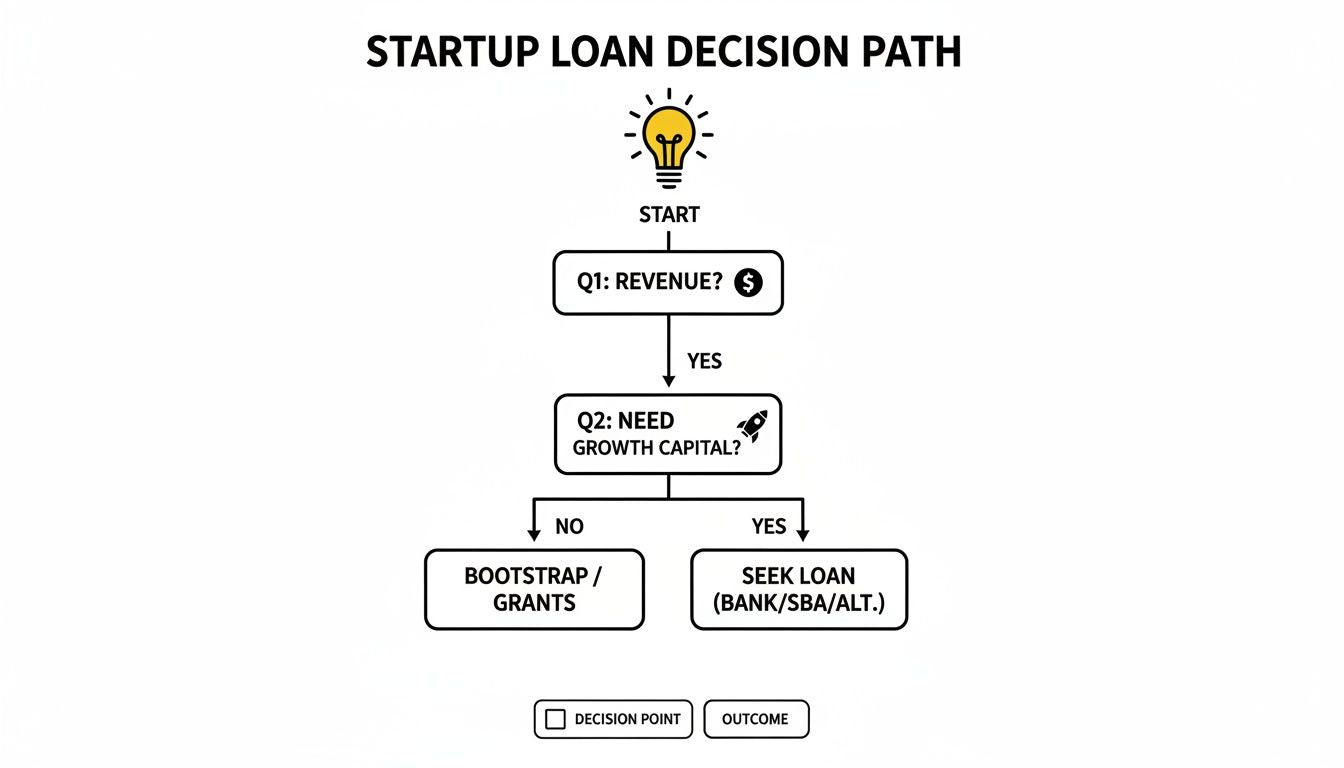 Flowchart illustrating the startup loan decision path based on revenue and growth capital.