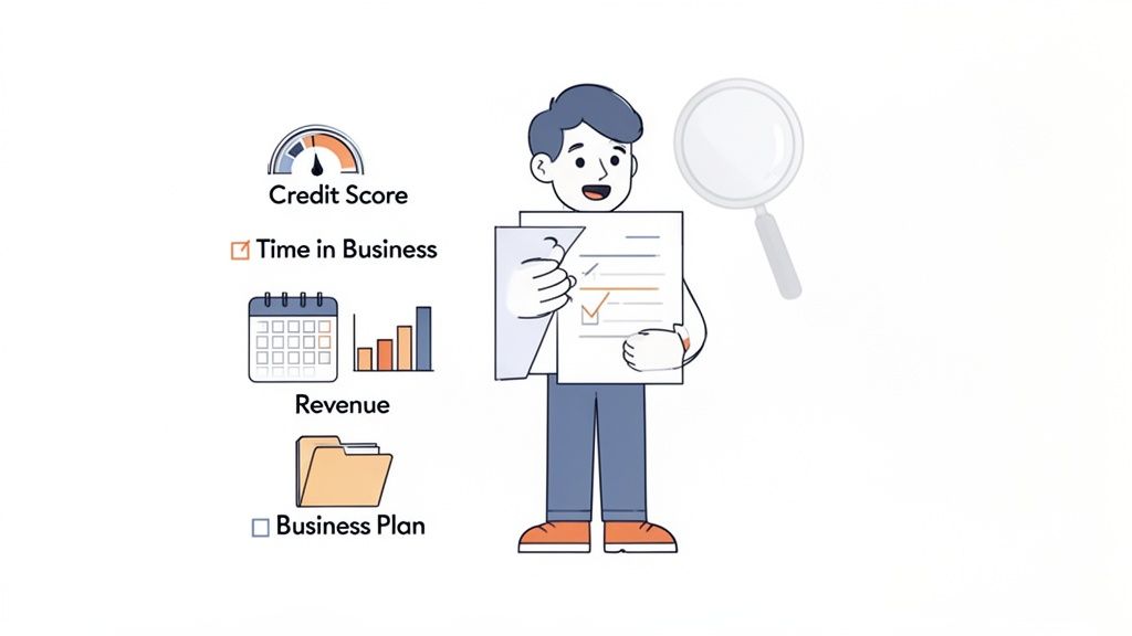 A person evaluates business loan application requirements including credit score, time in business, revenue, and business plan.