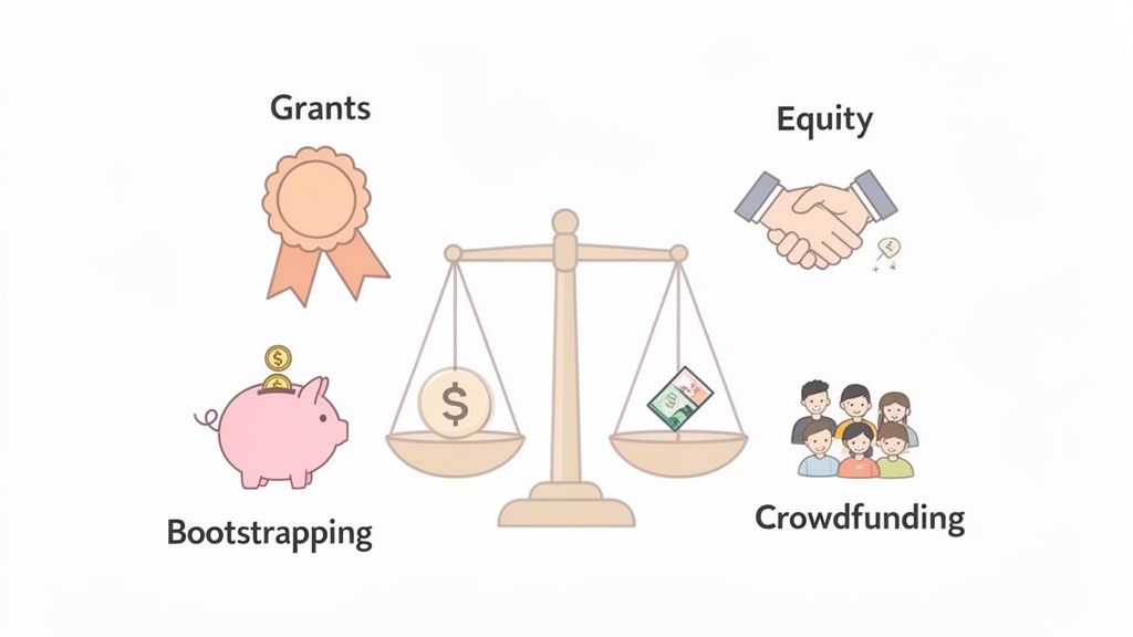 An illustration comparing grants, bootstrapping, equity, and crowdfunding as startup funding options.