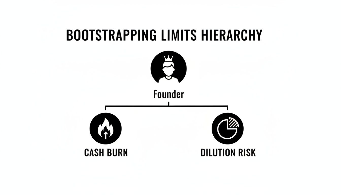 A diagram illustrating the Bootstrapping Limits Hierarchy, showing a founder linked to cash burn and dilution risk.