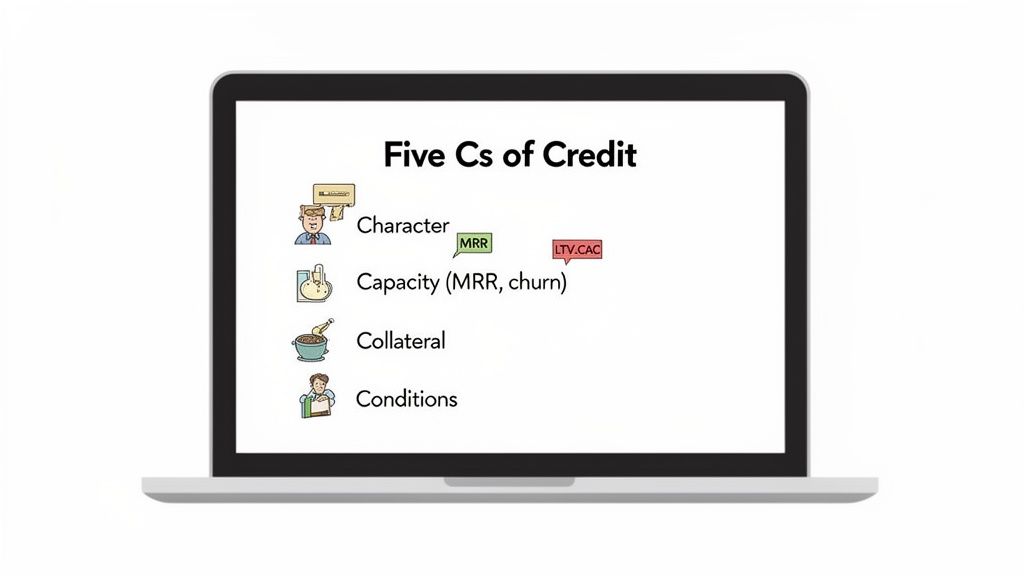 A laptop screen illustrates the Five Cs of Credit: Character, Capacity, Collateral, and Conditions.