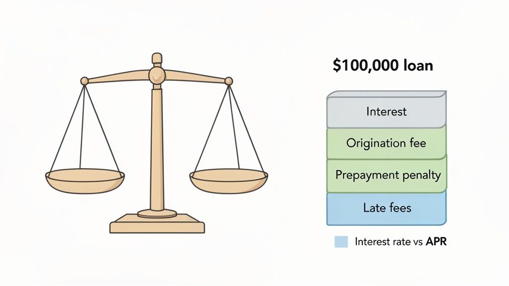 Illustration showing a scale next to stacked loan costs for a $100,000 loan, detailing interest and fees.
