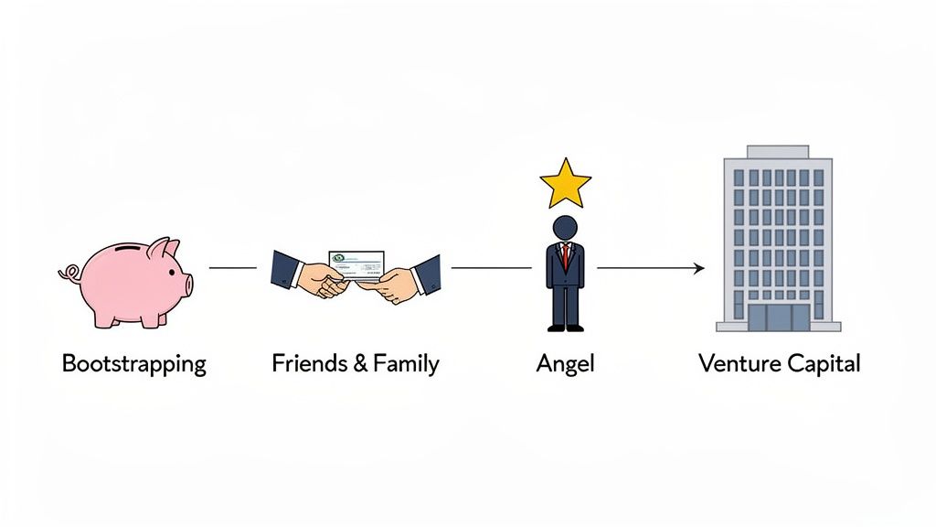 Visual diagram illustrating the progression of startup funding sources: Bootstrapping, Friends & Family, Angel, and Venture Capital.
