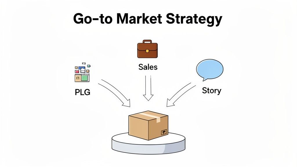 Diagram illustrating a Go-to-Market Strategy with PLG, Sales, and Story converging on a product.