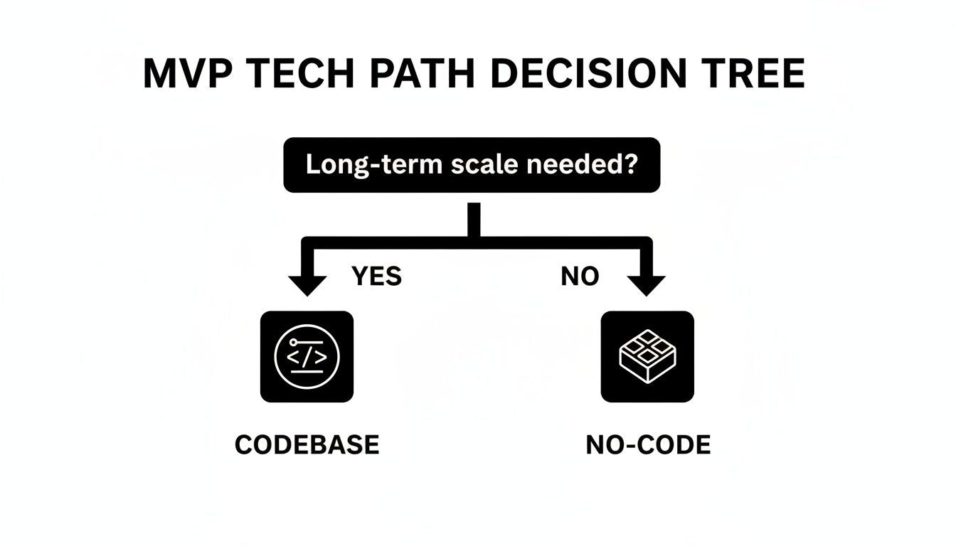 A decision tree flowchart for MVP tech path, guiding choices between codebase and no-code.