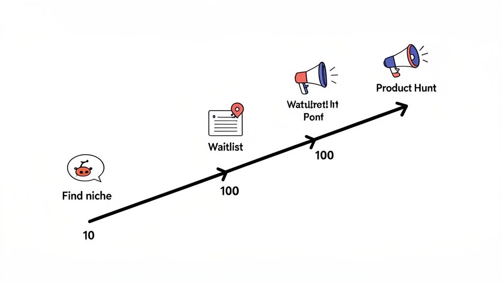 A visual timeline illustrating startup launch steps from finding a niche to building a waitlist and launching.