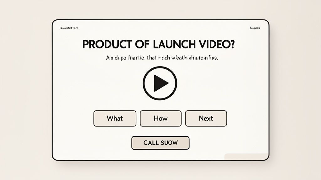 A minimalist white screen displaying a video play button, a question, and several interactive buttons.