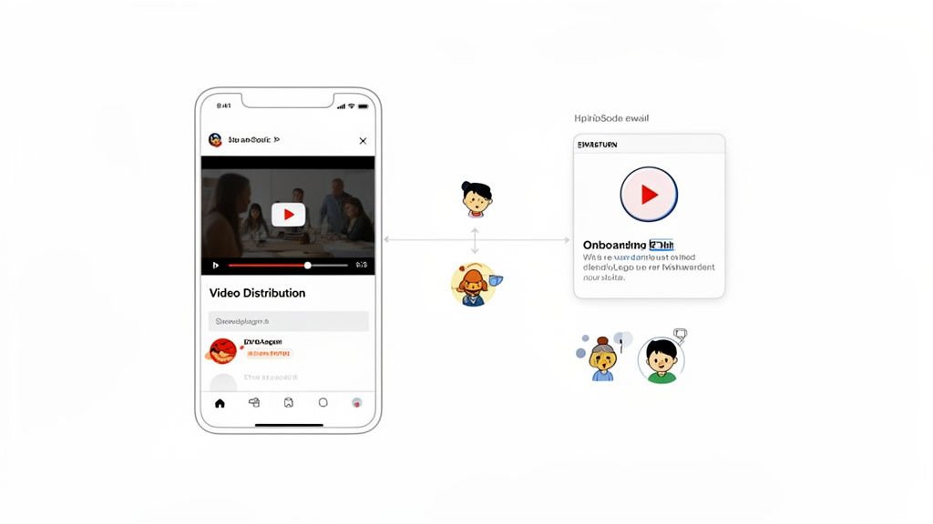 Distribution strategy for training videos across onboarding, in-app, and announcements.