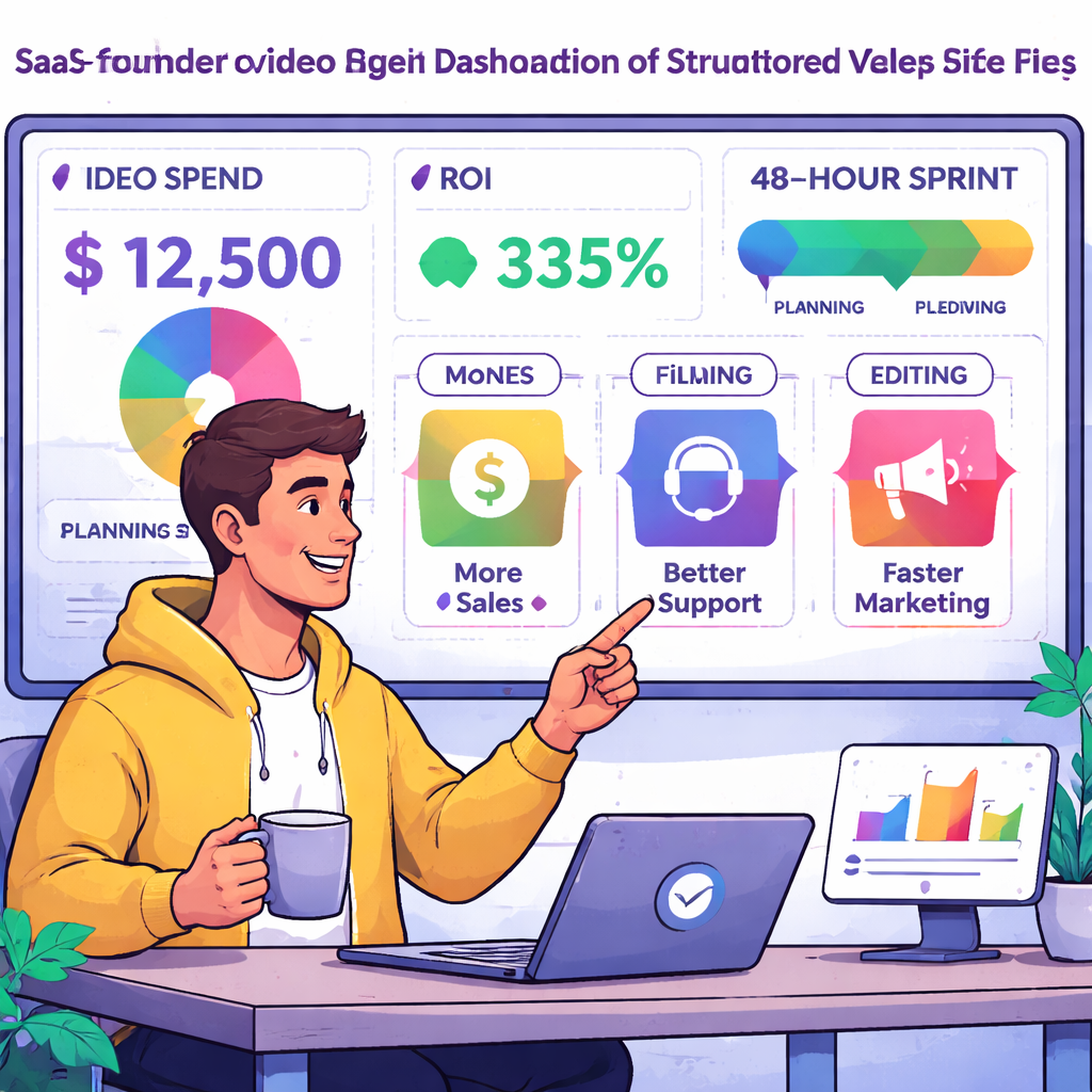 Illustration of a SaaS founder looking at a dashboard showing video spend, ROI percentage, and a timeline of 48‑hour video production sprint, with icons representing sales, support, and marketing benefits. Alt: visual guide to role-specific benefits of structured video pricing for SaaS founders and indie hackers.
