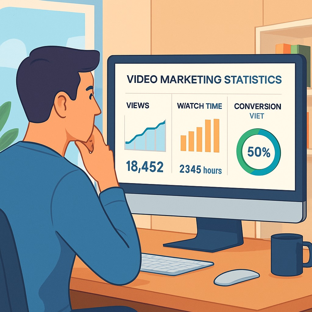 Illustration of a SaaS founder looking at a dashboard of video marketing statistics, with charts for views, watch time, and conversion lift, modern office setting, bright colors, alt: Video marketing statistics dashboard for SaaS founders
