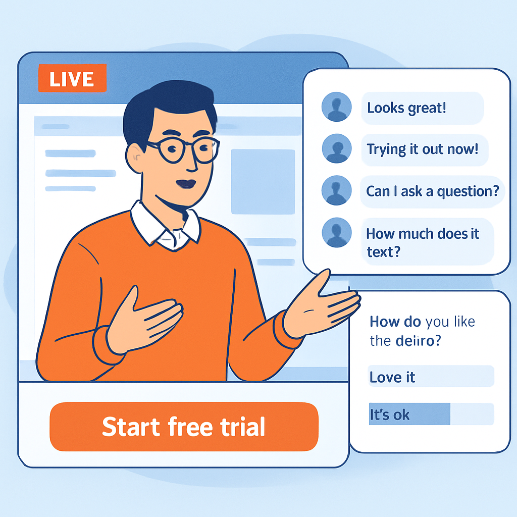 Illustration of a SaaS product demo being streamed live with interactive chat, poll widgets, and an in‑stream “Start free trial” button, emphasizing real‑time engagement for video marketing trends. Alt: Live shopping and real‑time engagement in video marketing trends