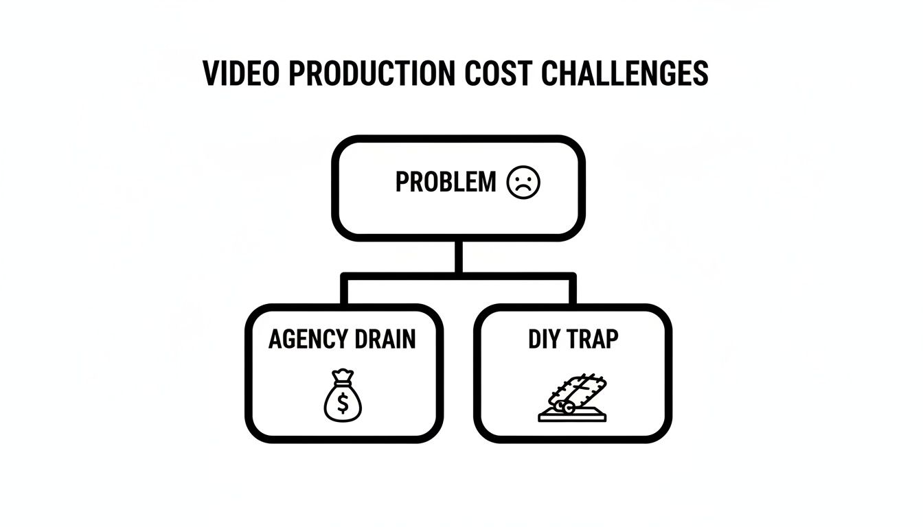 Flowchart illustrating video production cost challenges, detailing the problem, agency drain, and DIY trap.
