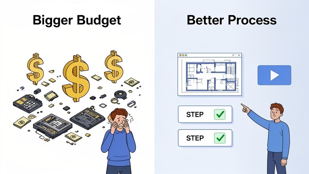 Illustration showing the difference between a messy, expensive bigger budget and a clear, efficient better process.