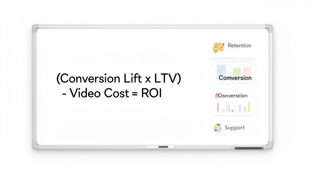 A whiteboard displays the ROI formula: (Conversion Lift x LTV) - Video Cost = ROI, with marketing metrics.