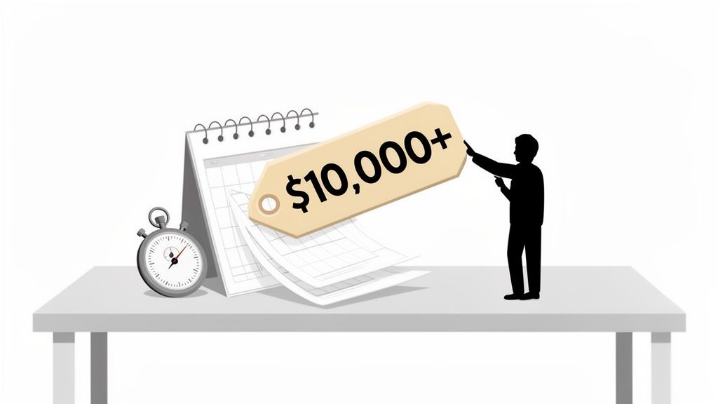 A silhouette points at a $10,000+ price tag, with a calendar and stopwatch, signifying high costs or value.