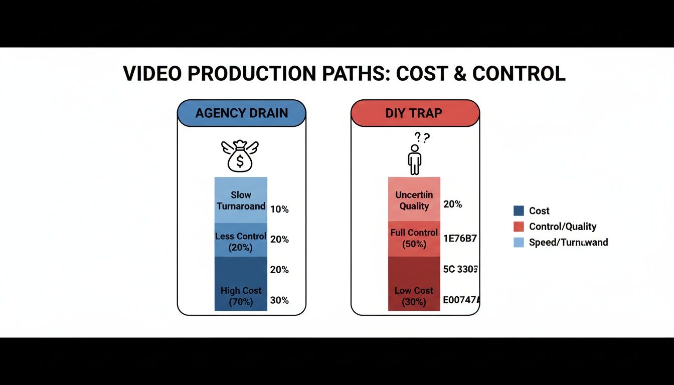 Infographic comparing video production paths: Agency Drain (high cost, less control) and DIY Trap (low cost, uncertain quality).