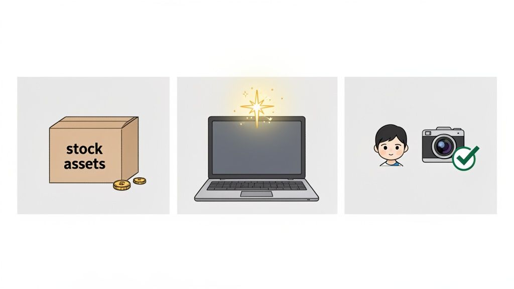 Illustration of stock assets, a laptop with a creative spark, and a person with a camera and checkmark.