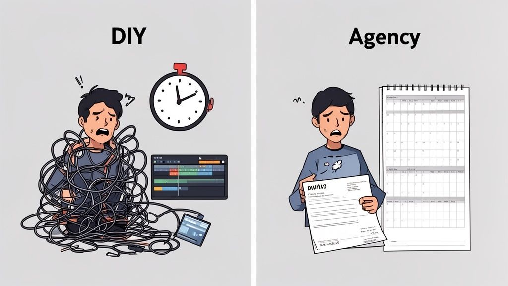 Cartoon contrasting DIY struggles (tangled wires, time, editing software) with agency costs (bill, calendar).