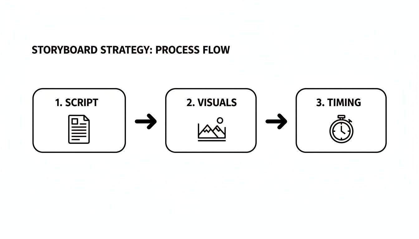 A storyboard strategy process flow showing three steps: script, visuals, and timing, connected by arrows.